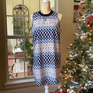 Vibrant and versatile silky shift dress in attractive blues and cream print.